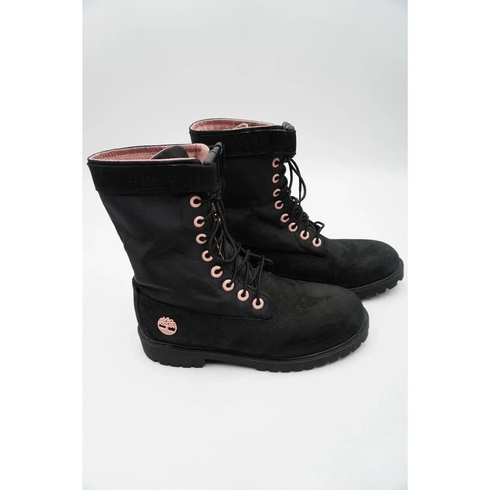 Timberland Black Suede Nylon Mid-Calf Boots Pink Eyelets Buckle Ankle Strap Sz 7